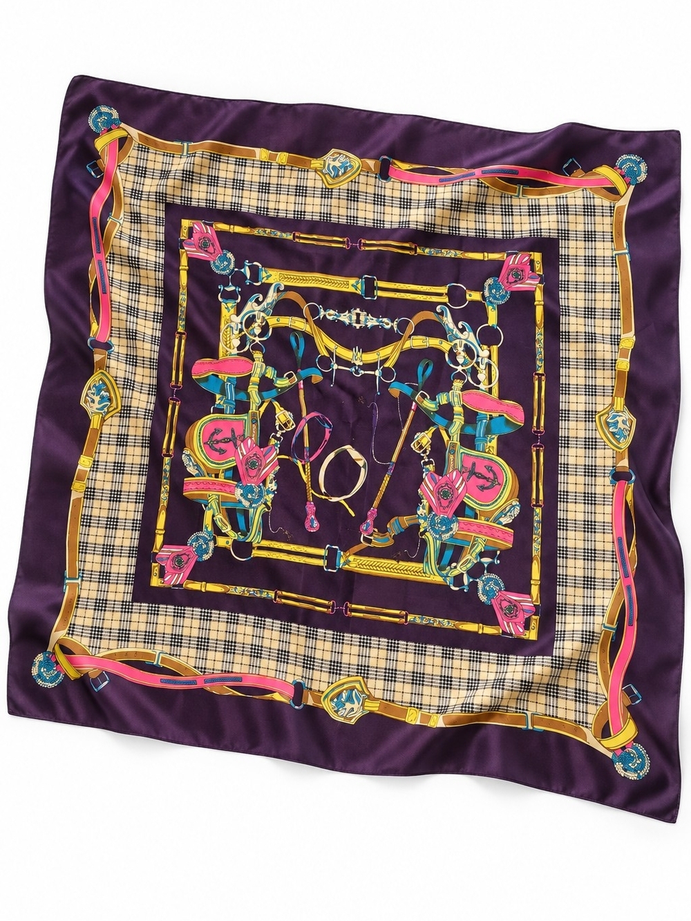 Equestrian Tack Print Square Scarf 33x33 purple cream Plum Plaid Ranch chic